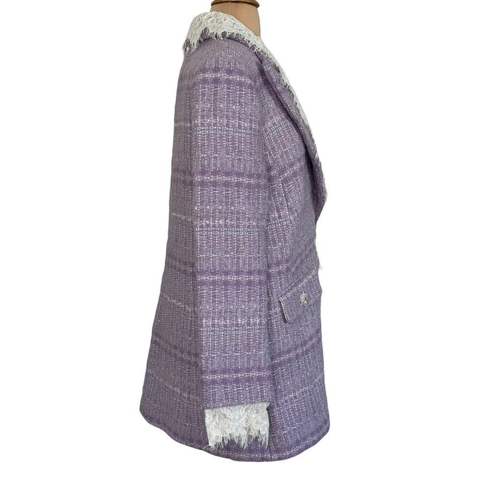 MARIE ELIE Lavender Tweed Wool Lace Trim Designer Blazer Metallic Jacket Sz L - Picture 6 of 12